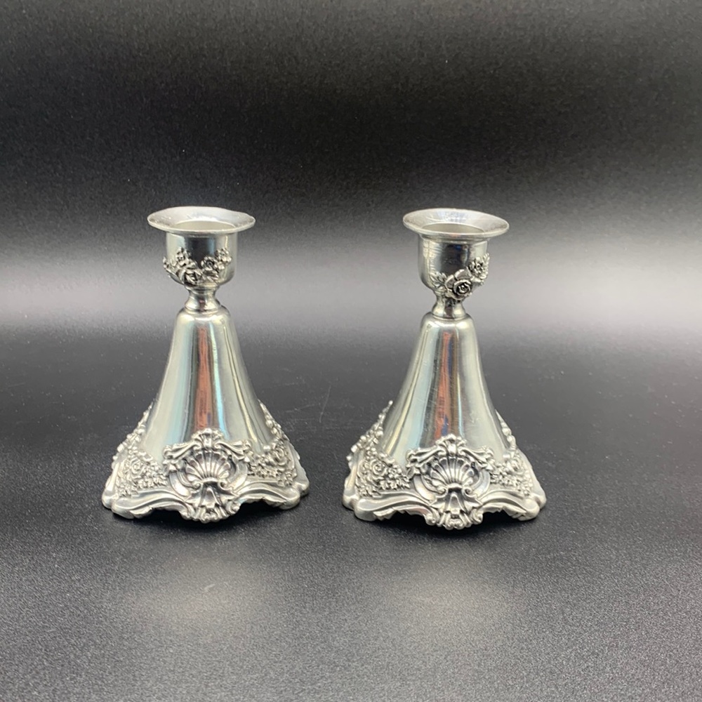 Pair of Vintage Royal Selangor Pewter Silver Shell Rose Embossed Candle Holders